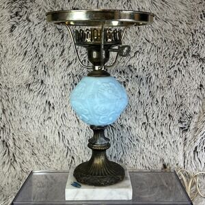 FENTON RARE Student Portable‎ Lamp Marble Brass Blue Font Poppy Design Vintage